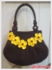 Handmade Bag/Handbag : Hobo Style : Wool : Brown with Yello Forget me not flower