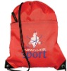 Red polyester drawstring bag with zipped pocket on front